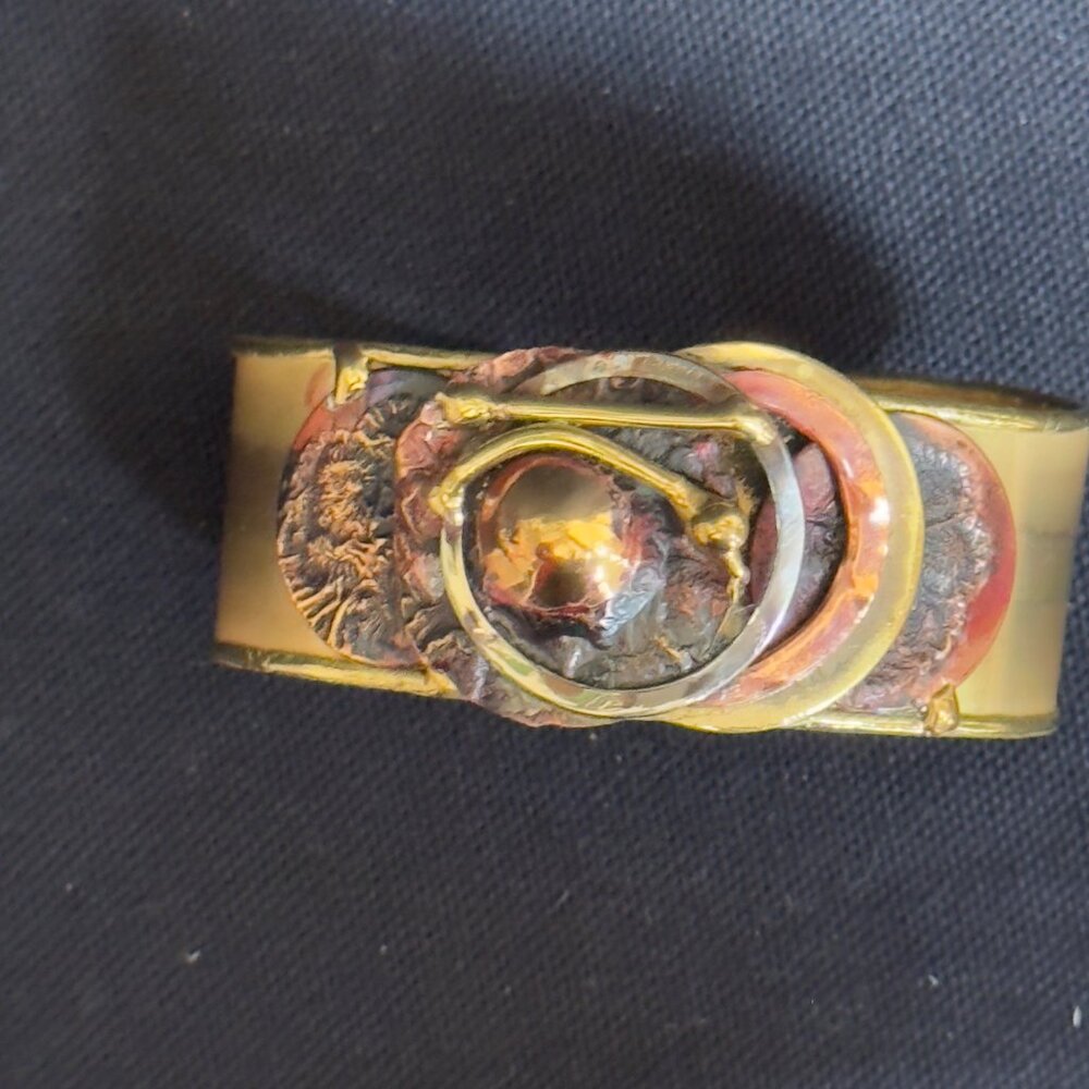 South African Hand-crafted Brass Cuff Bracelet Abstract Red Gold Metal Accents - Picture 5 of 13